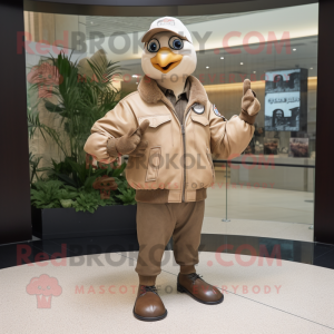 Beige Dove mascot costume character dressed with a Leather Jacket and Caps