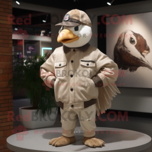 Beige Dove mascot costume character dressed with a Leather Jacket and Caps