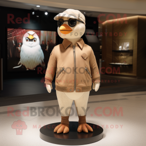 Beige Dove mascot costume character dressed with a Leather Jacket and Caps