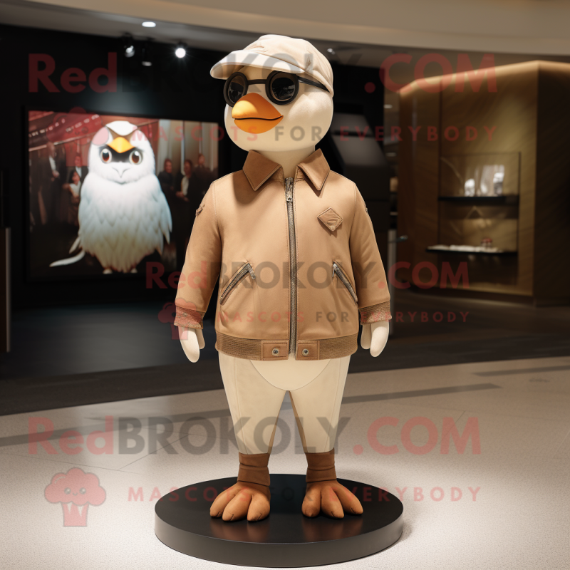 Beige Dove mascot costume character dressed with a Leather Jacket and Caps Beige Dove mascot costume character dressed with a Leather Jacket and Caps