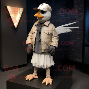 Beige Dove mascot costume character dressed with a Leather Jacket and Caps