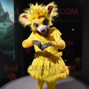 Yellow Aye-Aye mascot costume character dressed with a Pleated Skirt and Rings