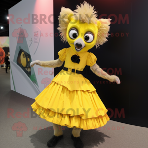 Yellow Aye-Aye mascot costume character dressed with a Pleated Skirt and Rings
