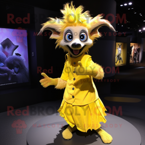 Yellow Aye-Aye mascot costume character dressed with a Pleated Skirt and Rings