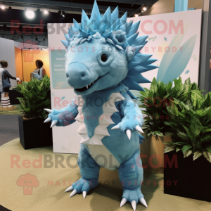 Sky Blue Stegosaurus mascot costume character dressed with a Romper and Cufflinks