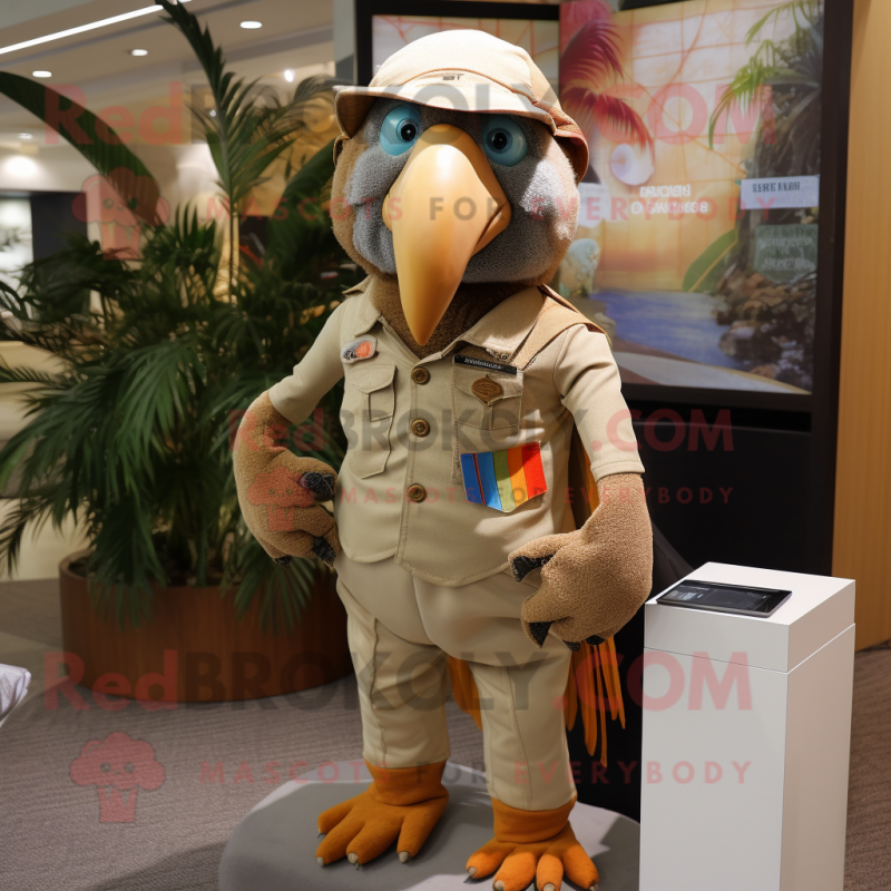 Tan Parrot mascot costume character dressed with a Corduroy Pants and Berets