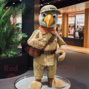 Tan Parrot mascot costume character dressed with a Corduroy Pants and Berets