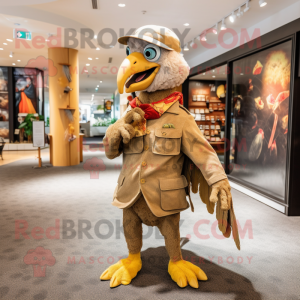 Tan Parrot mascot costume character dressed with a Corduroy Pants and Berets