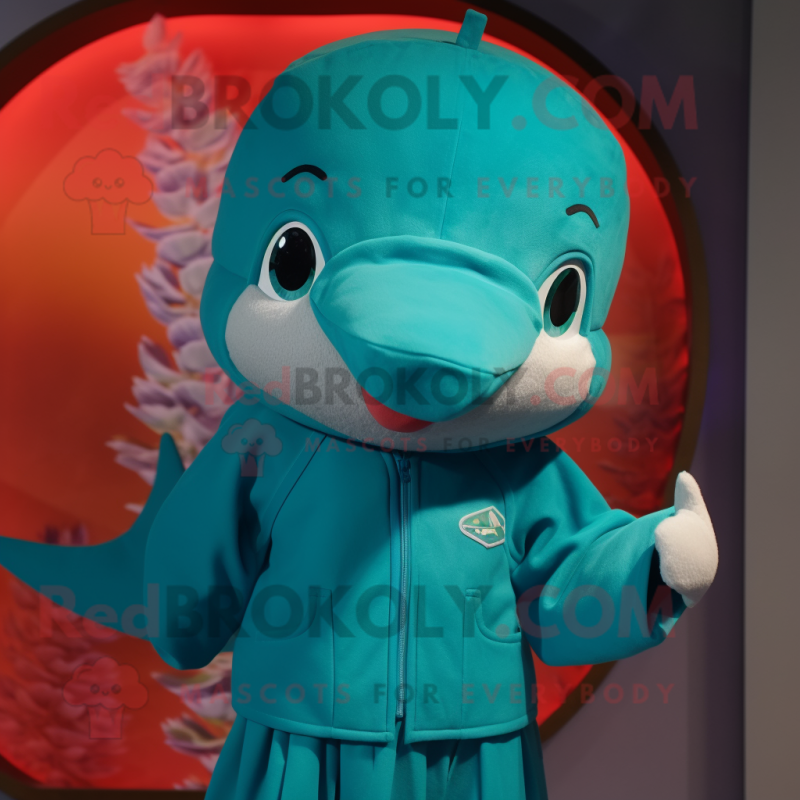 Teal Dolphin mascot costume character dressed with a Blouse and Beanies