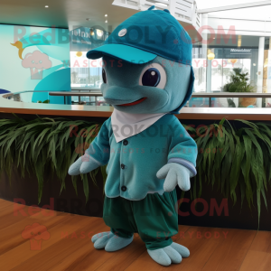 Teal Dolphin mascot costume character dressed with a Blouse and Beanies