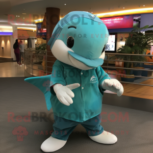 Teal Dolphin mascot costume character dressed with a Blouse and Beanies