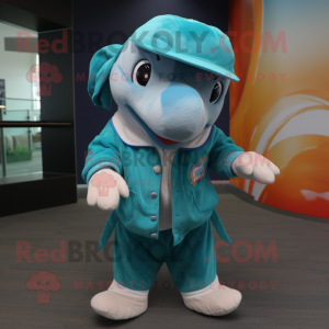 Teal Dolphin mascot costume character dressed with a Blouse and Beanies