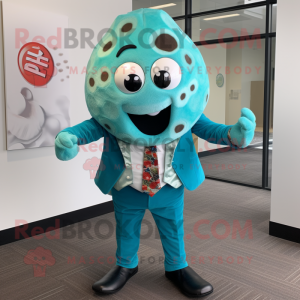 Turquoise Pizza mascot costume character dressed with a Blazer and Earrings