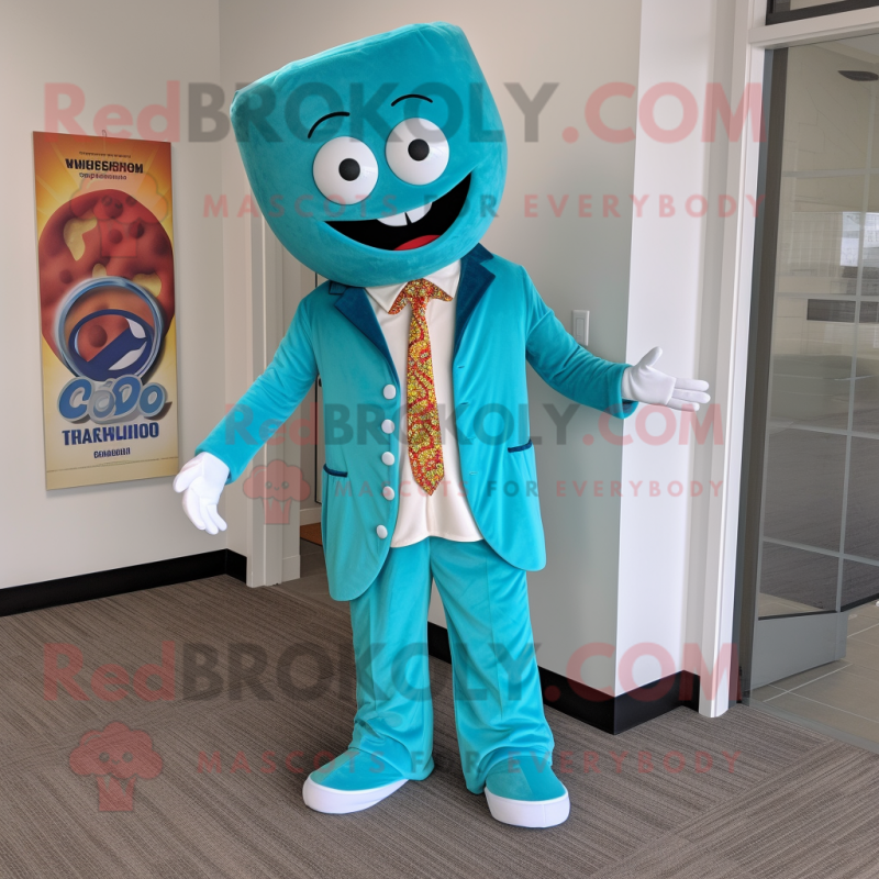 Turquoise Pizza mascot costume character dressed with a Blazer and Earrings