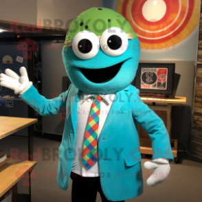 Turquoise Pizza mascot costume character dressed with a Blazer and Earrings