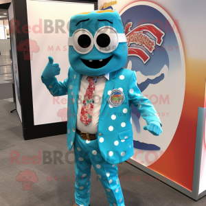 Turquoise Pizza mascot costume character dressed with a Blazer and Earrings