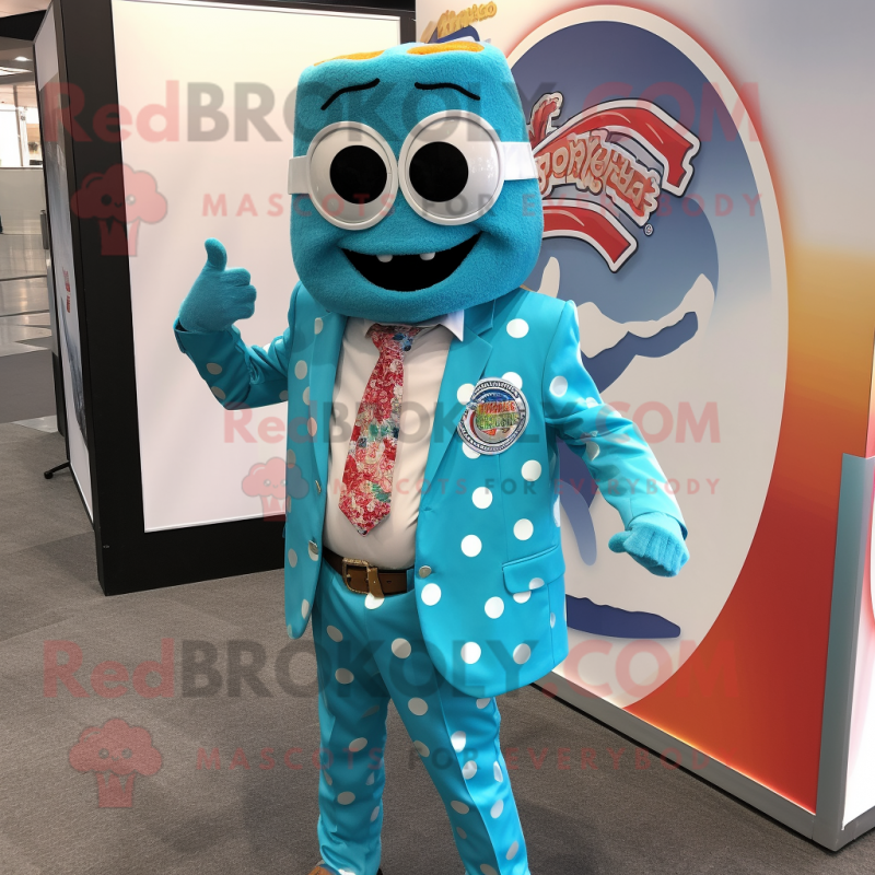 Turquoise Pizza mascot costume character dressed with a Blazer and Earrings Turquoise Pizza mascot costume character dressed with a Blazer and Earrings