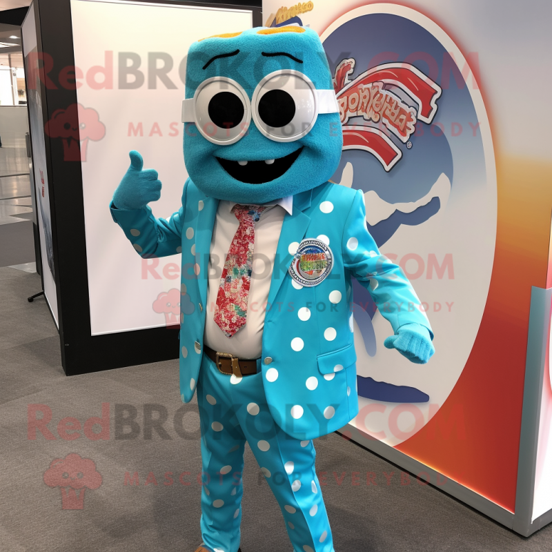 Turquoise Pizza mascot costume character dressed with a Blazer and Earrings