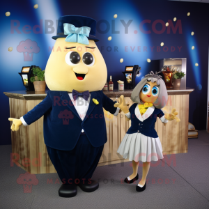 Navy Potato mascot costume character dressed with a Cocktail Dress and Ties