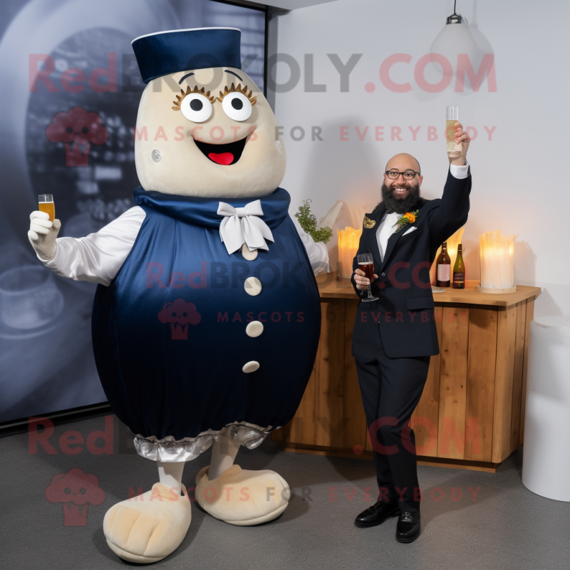 Navy Potato mascot costume character dressed with a Cocktail Dress and Ties