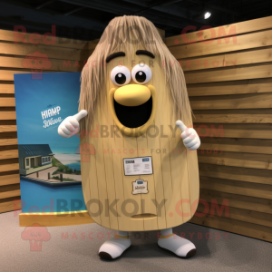 Tan Aglet mascot costume character dressed with a Board Shorts and Hair clips