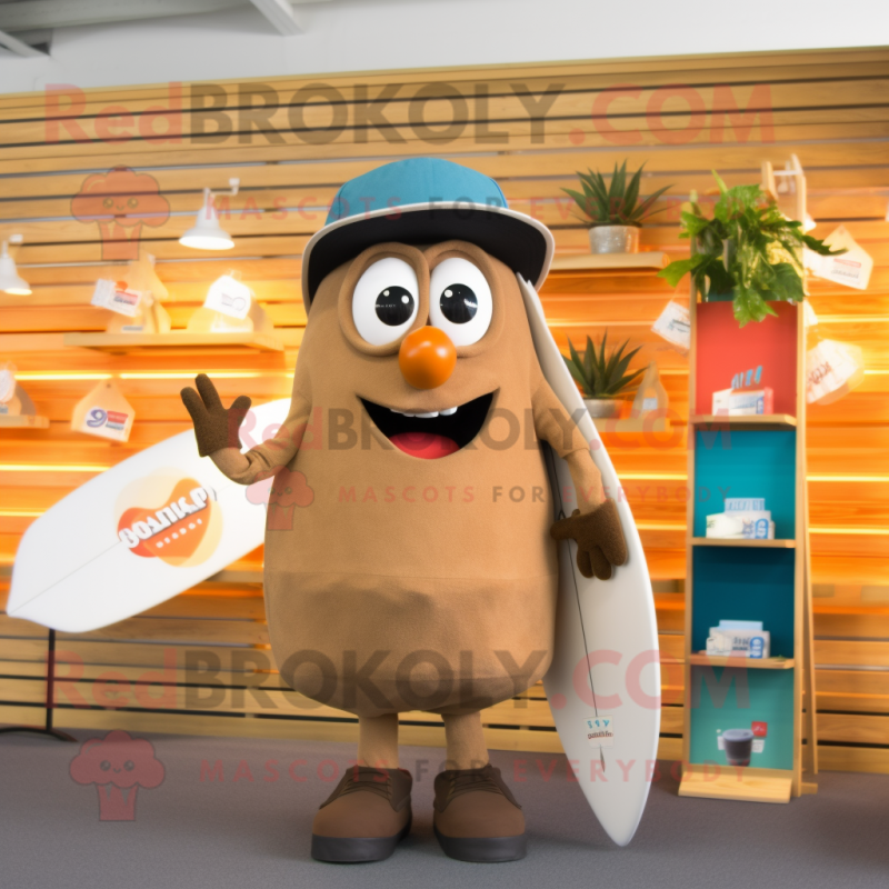 Tan Aglet mascot costume character dressed with a Board Shorts and Hair clips Tan Aglet mascot costume character dressed with a Board Shorts and Hair clips