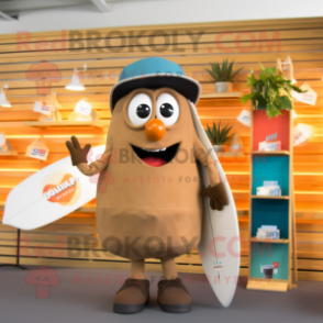 Tan Aglet mascot costume character dressed with a Board Shorts and Hair clips