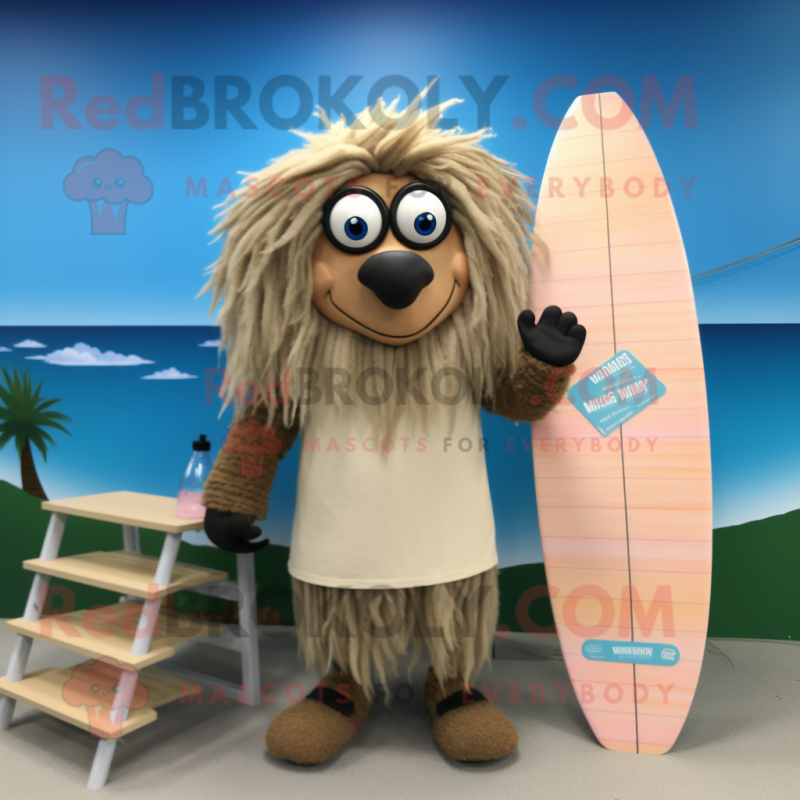 Tan Aglet mascot costume character dressed with a Board Shorts and Hair clips