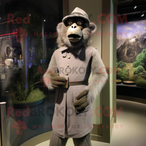 Gray Baboon mascot costume character dressed with a Sheath Dress and Berets