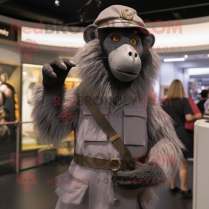 Gray Baboon mascot costume character dressed with a Sheath Dress and Berets