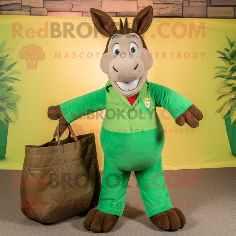 Green Donkey mascot costume character dressed with a Chinos and Tote bags Green Donkey mascot costume character dressed with a Chinos and Tote bags
