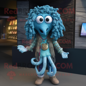 Sky Blue Medusa mascot costume character dressed with a Flannel Shirt and Necklaces