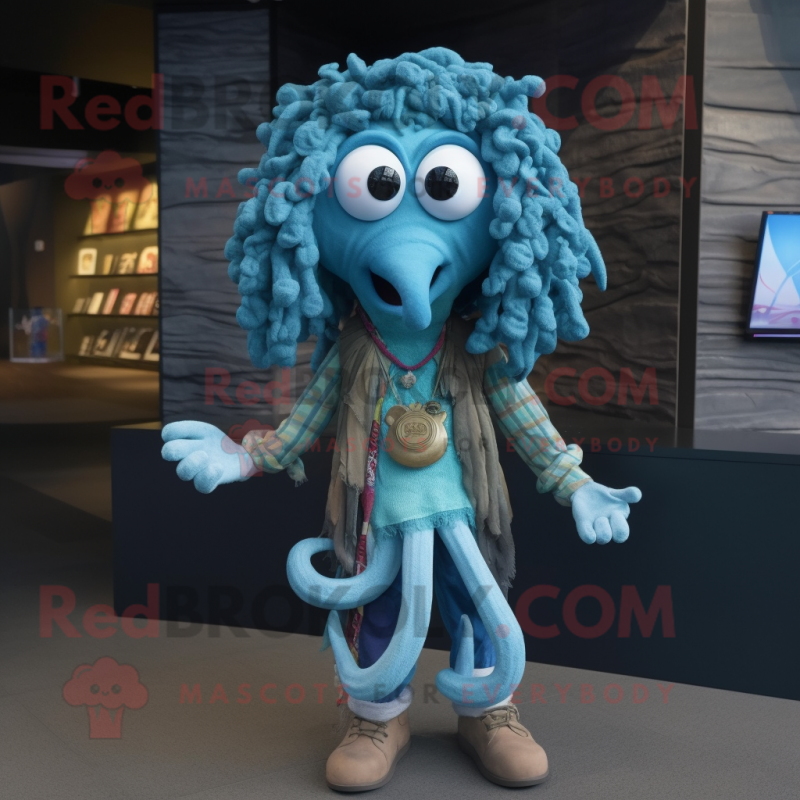 Sky Blue Medusa mascot costume character dressed with a Flannel Shirt and Necklaces