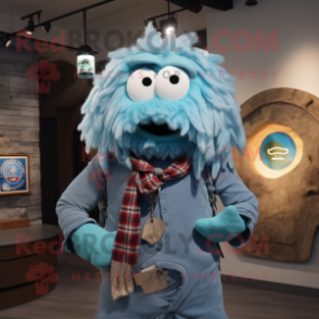 Sky Blue Medusa mascot costume character dressed with a Flannel Shirt and Necklaces