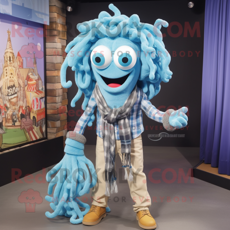 Sky Blue Medusa mascot costume character dressed with a Flannel Shirt and Necklaces Sky Blue Medusa mascot costume character dressed with a Flannel Shirt and Necklaces