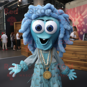 Sky Blue Medusa mascot costume character dressed with a Flannel Shirt and Necklaces