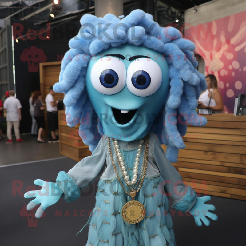 Sky Blue Medusa mascot costume character dressed with a Flannel Shirt and Necklaces Sky Blue Medusa mascot costume character dressed with a Flannel Shirt and Necklaces