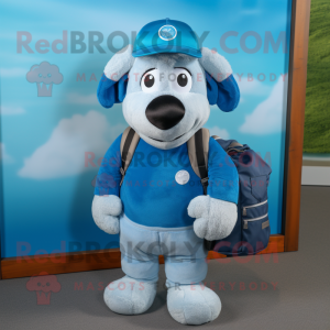 Sky Blue Suffolk Sheep mascot costume character dressed with a Jeans and Beanies