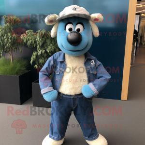 Sky Blue Suffolk Sheep mascot costume character dressed with a Jeans and Beanies