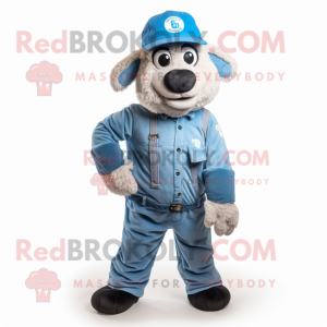 Sky Blue Suffolk Sheep mascot costume character dressed with a Jeans and Beanies