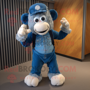 Sky Blue Suffolk Sheep mascot costume character dressed with a Jeans and Beanies