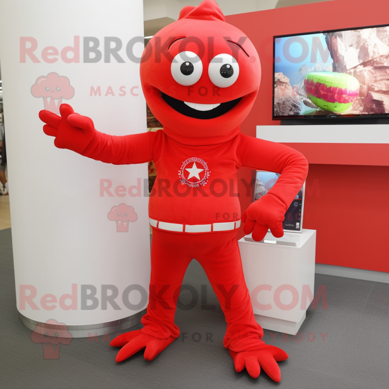 Red Starfish mascot costume character dressed with a Turtleneck and Bracelet watches