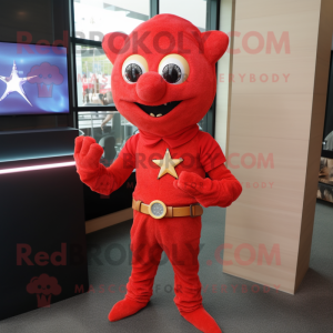 Red Starfish mascot costume character dressed with a Turtleneck and Bracelet watches