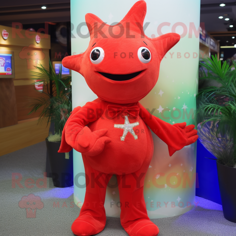 Red Starfish mascot costume character dressed with a Turtleneck and Bracelet watches