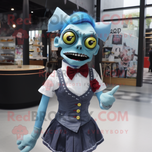 Sky Blue Zombie mascot costume character dressed with a Skirt and Bow ties