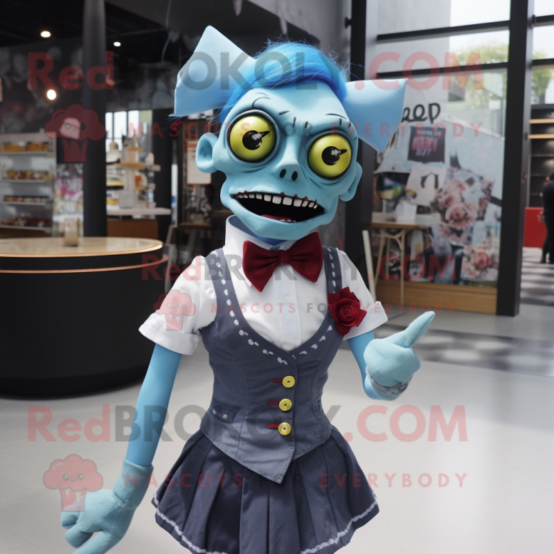 Sky Blue Zombie mascot costume character dressed with a Skirt and Bow ties