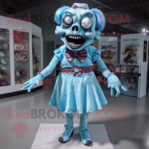 Sky Blue Zombie mascot costume character dressed with a Skirt and Bow ties