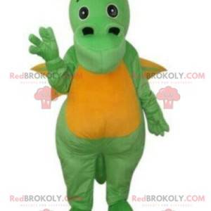 Mascota dragón verde y amarillo, disfraz de dinosaurio -