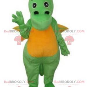 Mascotte de dragon vert et jaune, costume de dinosaure -