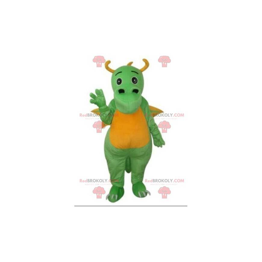Green and yellow dragon mascot, dinosaur costume -